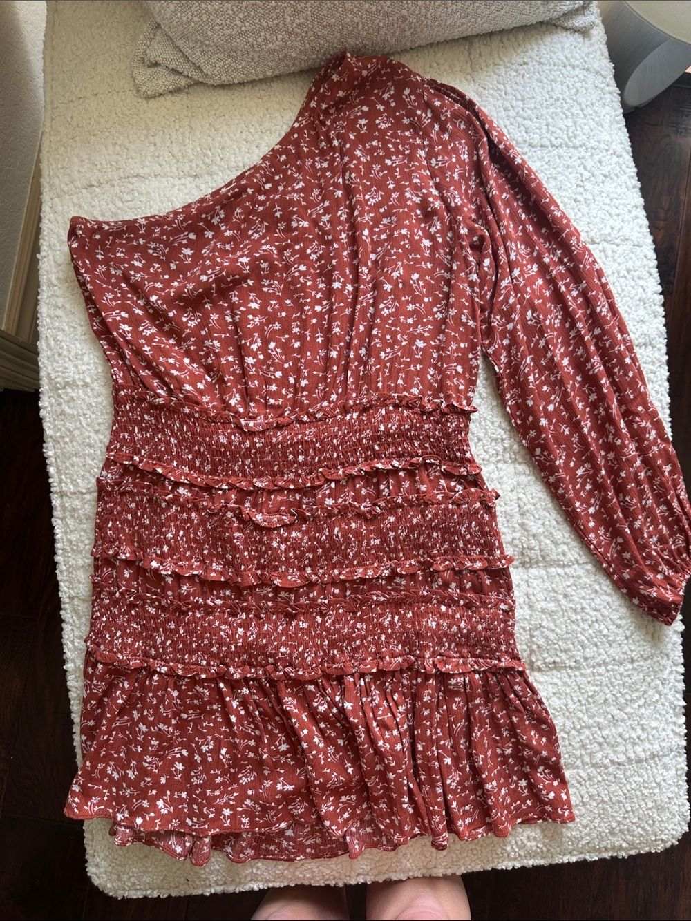 One-Shoulder Rust Floral Asymmetrical Mini Dress